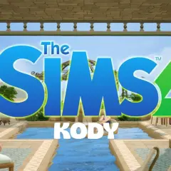 The Sims 4 logo z napisem KODY. W tle basen i wypoczywające Simki.