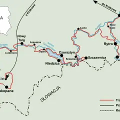 Mapa tras rowerowych wzdłuż Dunajca i Popradu, z zaznaczonymi miejscowościami jak Szczawnica, Niedzica, Czorsztyn, Nowy Targ i Zakopane.