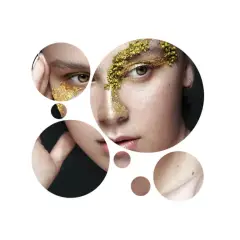 Dettagli di un volto con trucco dorato e elementi naturali, che evocano la cura della pelle e la **medicina estetica specializzazione**.