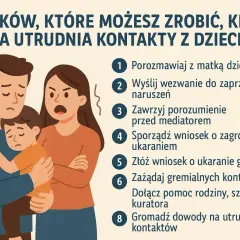 Ilustracja przedstawia rodzinę w konflikcie, symbolizującą alienację rodzicielską. Ojciec tuli smutne dziecko, podczas gdy matka krzyczy. Obok lista 8 kroków, jak radzić sobie z utrudnianiem kontaktów.