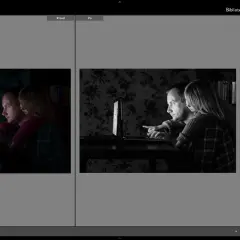 Ojciec i córka patrzą na ekran laptopa. Po lewej zdjęcie przed obróbką, po prawej po.