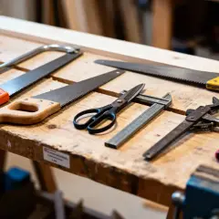 Sur un établi en bois, divers outils de mesure et de coupe sont disposés : scies, ciseaux, pied à coulisse, et une pince.