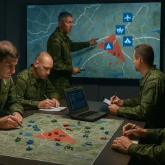 Wojskowi planują strategię na mapie taktycznej, jak w grach o wojnie.