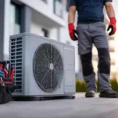 Instalator w rękawicach przygotowuje pompę ciepła do montażu. Idealne miejsce na pompę ciepła to klucz do efektywności.