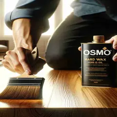 Osoba nakłada pędzlem olejowosk na drewniany blat. Obok stoi puszka produktu Osmo Hard Wax Oil.