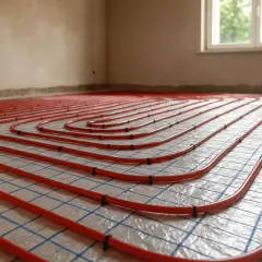 Tubazioni rosse disposte a spirale per il riscaldamento a pavimento, pronte per essere coperte.
