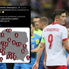 Robert Lewandowski, który ma najwięcej występów w reprezentacji Polski, na tle mapy z miejscami urodzenia kadrowiczów na Euro 2024.