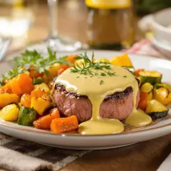 Filet mignon à la moutarde au four, servi avec des légumes rôtis colorés. Une sauce onctueuse nappe la viande.