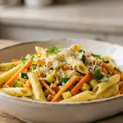 Un plat de pâtes aux légumes colorés, garni de fromage râpé et de basilic frais. Un délice simple et sain.