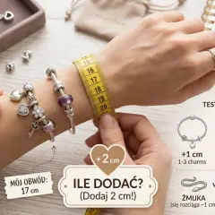 Pomiar nadgarstka do ustalenia idealnego rozmiaru bransoletki Pandora. Dodaj 2 cm do obwodu.