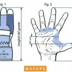 Guía para la talla de manos: un guante (Fig. 1) y una mano con medidas (Fig. 2) para asegurar el ajuste perfecto.