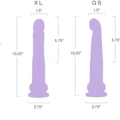 Porównanie rozmiarów: TX (23 cm), XL (26 cm) i GS (26 cm). Obok puszka napoju i rolka papieru toaletowego.