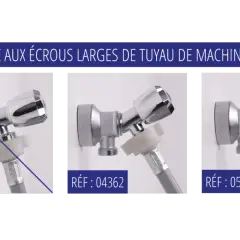 Robinet machine à laver chromé, avec adaptateur pour tuyau. Différents modèles présentés.