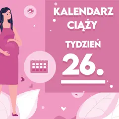 Kobieta w 26. tygodniu ciąży, trzymająca się za brzuch. Obok kalendarz i napis "Kaledarz ciąży tydzień 26".