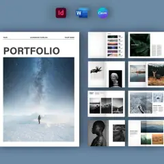 Projekt okładki i stron wewnętrznych portfolio fotografa. Widok na galaktykę nad śnieżnym krajobrazem, zdjęcia przyrody, ludzi i rzeźby.