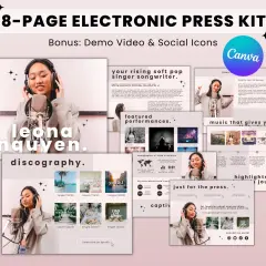 Une page de présentation électronique pour Leona Nguyen, chanteuse pop. Elle inclut sa biographie, discographie, statistiques et informations de contact.