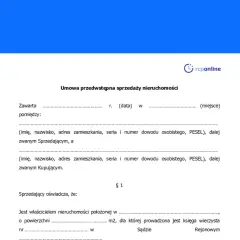 Umowa przedwstępna sprzedaży nieruchomości, zawierająca dane sprzedającego i kupującego, a także informacje o nieruchomości.