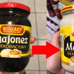 Dwa słoiki majonezu Winiary Dekoracyjny, jeden ciemny, drugi jasny, połączone czerwoną strzałką.