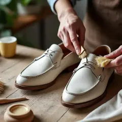 Des mains nettoient délicatement des mocassins en nubuck clair avec une brosse. Apprenez comment nettoyer du nubuck clair pour un entretien parfait.