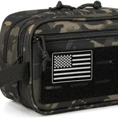 Neceser militar camuflado con parche de bandera de EE. UU. y asa lateral. Ideal para organizar tus artículos esenciales.