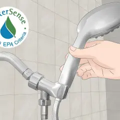 A hand holds a new shower head, ready to replace the old one. The WaterSense label indicates it meets EPA criteria for water efficiency.