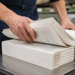 Dłonie przewracają strony grubej, drukowanej książki leżącej na metalowej powierzchni.