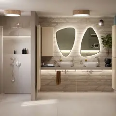 Modernes Badezimmer mit Dusche und Doppelwaschtisch. Holzoptik-Fliesen sind der aktuelle fliesen trend badezimmer.