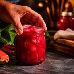 Hand reaches for a jar of glistening rhabarber kompott. Fresh rhubarb stalks and leaves are nearby.