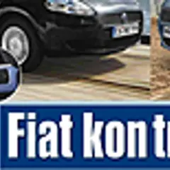 Dwa samochody Fiat, jeden czarny, drugi niebieski, z napisem "Fiat kontra Fi".
