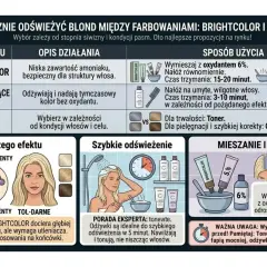 Grafika porównująca tonery do włosów Brightcolor i odżywki Montibello, z ilustracjami aplikacji i efektów.