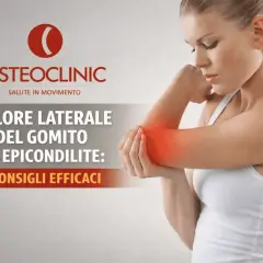 Donna con dolore all'articolazione del gomito, evidenziato in rosso. Testo: "Dolore laterale del gomito ed epicondilite: 5 consigli efficaci".