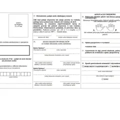 Wniosek o paszport druk: pole wyboru płci, miejsce na zdjęcie, zgoda rodziców, dane urzędowe, opłata, potwierdzenie tożsamości.