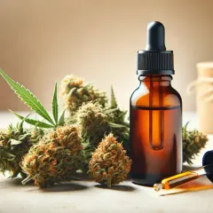 Butelka olejku CBD, pąki konopi i pipeta z kroplą olejku.