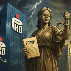 Temida z wagą i pozwami przed budynkami PKO BP, w tle burza. Sankcja kredytu darmowego PKO BP w obliczu prawa.