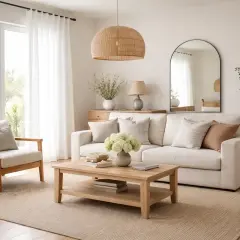 Ett ljust och inrett vardagsrum med en bekväm soffa, fåtölj, soffbord och en stor spegel.