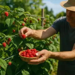 Uomo con cappello di paglia raccoglie lamponi maturi da una pianta in giardino, riempiendo un cestino.