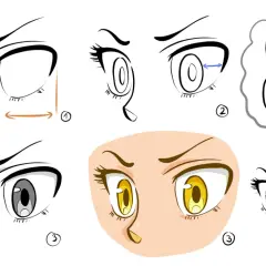 Anime-Augen-Tutorial: Verschiedene Darstellungen und Schritt-für-Schritt-Anleitungen zum Zeichnen.