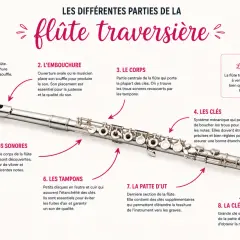 Une flûte traversière en métal, avec ses différentes parties expliquées : tête, embouchure, corps, clés, trous sonores, tampons, patte d'Ut et clé d'Ut.