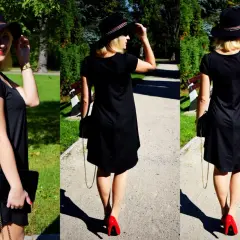 Elegancka czarna sukienka i czerwone szpilki tworzą stylowy zestaw. Kobieta w kapeluszu spaceruje po parku.