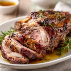 A sliced, roasted lamb leg with rosemary on a white platter, glistening with juices.