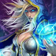 Jaina Proudmoore, czarodziejka z niebieskimi oczami, rzuca zaklęcie. Jej moc jest równie potężna jak siła primaris space marines.
