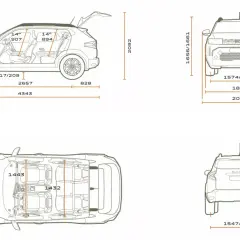 Dacia Duster wymiary: długość 4343 mm, szerokość 1813 mm, wysokość 1656/1661 mm. Widok z boku, przodu, tyłu i z góry.