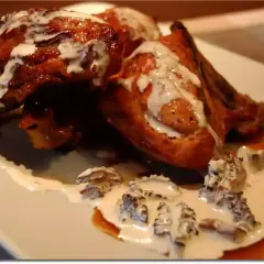 Pollo dorado bañado en una cremosa salsa de colmenillas, con trozos de hongo visibles.