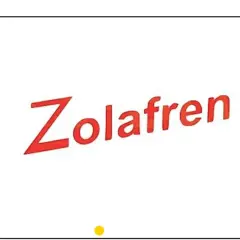Czerwony napis Zolafren na białym tle. Pod napisem mała żółta kropka.