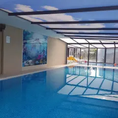 Basen w Villa Buki Jastrzębia Góra z podwodnym motywem na ścianie i sufitem imitującym niebo.