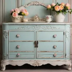 Comò azzurro con maniglie a forma di rosa, decorazioni floreali e un delizioso effetto shabby.