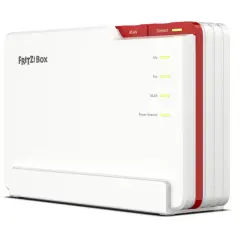 Biały router FRITZ!Box z czerwonymi akcentami. Diody sygnalizują status połączenia, zapewniając doskonałe qos.