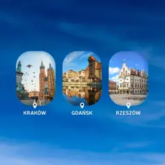 Trzy okrągłe zdjęcia polskich miast: Kraków, Gdańsk i Rzeszów, na tle niebieskiego nieba.