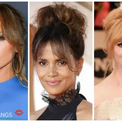 Tre kändisar med olika frisyrer. Jennifer Lopez med gardinlugg och lockigt hår, Halle Berry med en hög tofs och lugg, samt Christina Hendricks med en mjuk lugg.