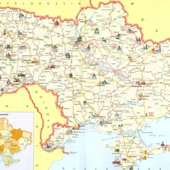 Mapa administracyjna Ukrainy pokazuje jej położenie między Polską, Słowacją, Węgrami, Rumunią, Mołdawią, Rosją i Białorusią.
